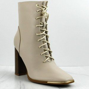 Beige Lace up Block High Heel Boots